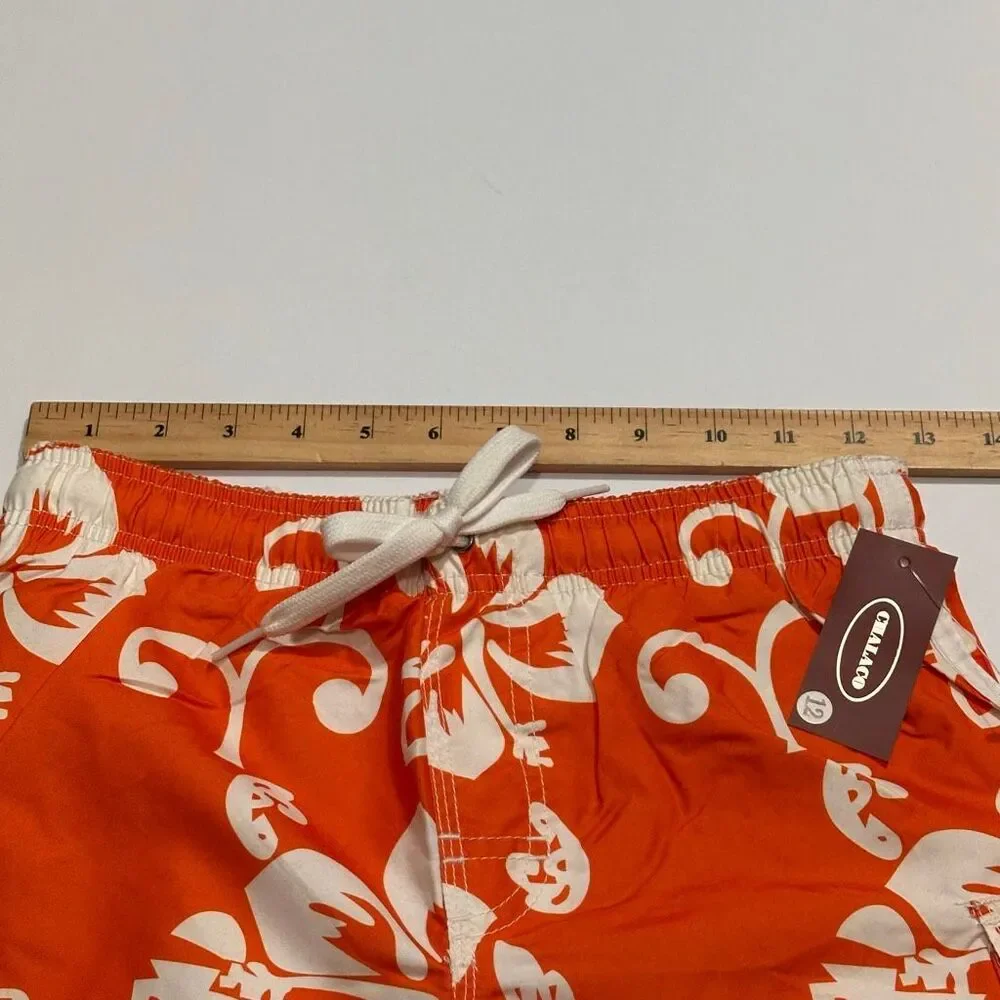 Chalaco Hibiscus Floral Swim Trunks Orange and White | Men Size 12/Medium